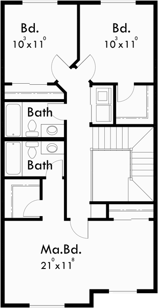 Upper Floor Plan for 10092 Narrow Lot House Plan, 22 ft wide house plans, 3 bedroom 2.5 bath house plans, 10092