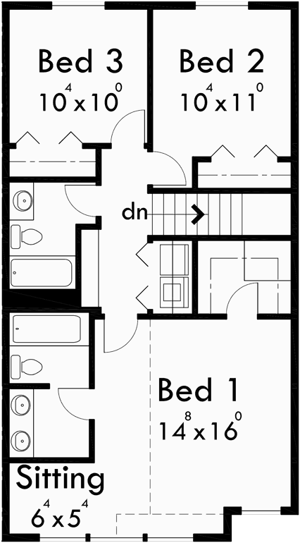 Upper Floor Plan for 10093 Three level 22 feet wide house plan