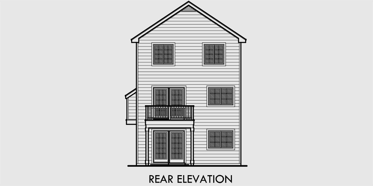 House rear elevation view for 10093 Three level 22 feet wide house plan three bedroom two car garage