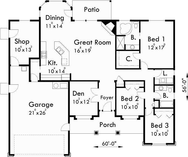 Main Floor Plan for 10055 Single level house plans, ranch house plans, 3 bedroom house plans, great room house plans, house plans with shop, covered porch house plans, 10055