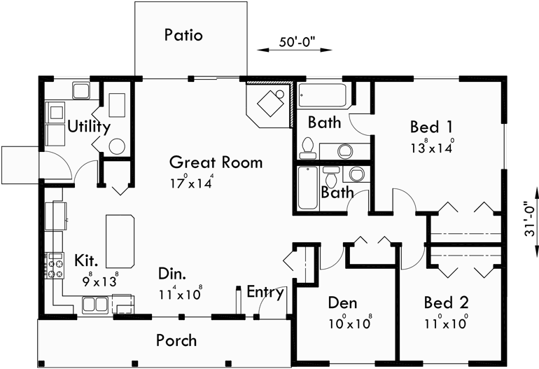 Main Floor Plan for 10046 Single level house plans, 3 bedroom house plans, covered porch house plans, 10046