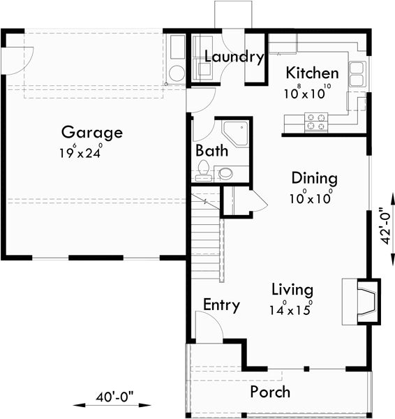 Main Floor Plan for 9998 Two story house plans, 3 bedroom house plans, house plans with bonus room, rear entry garage house plans, 40 wide house plans, Covered Porch