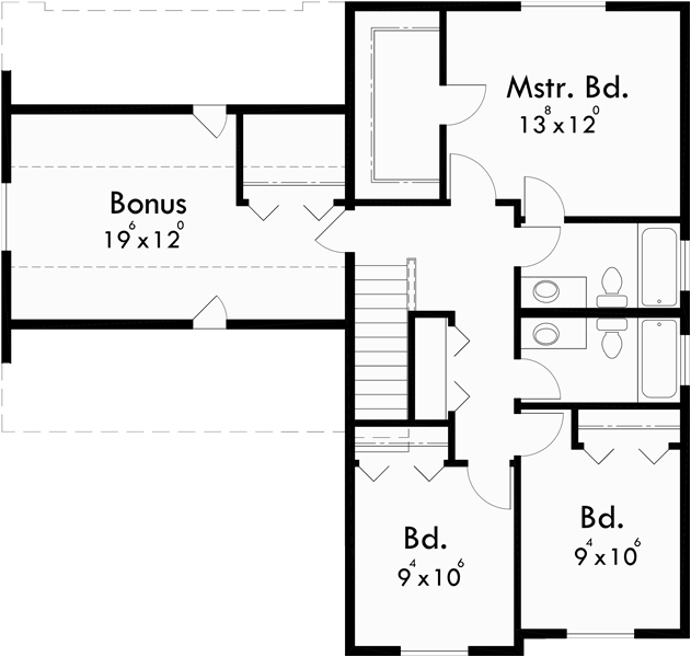 Upper Floor Plan for 9998 Two story house plans, 3 bedroom house plans, house plans with bonus room, rear entry garage house plans, 40 wide house plans, Covered Porch