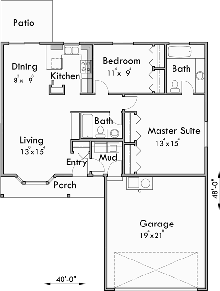 Main Floor Plan for 9957 Small house plans, 2 bedroom house plans, one story house plans, house plans with 2 car garage, house plans with covered porch, 9957