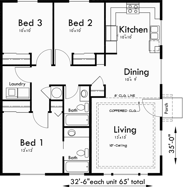 Main Floor Plan for D-588 One story duplex house plans, ranch duplex house plans, 3 bedroom duplex house plans, D-588