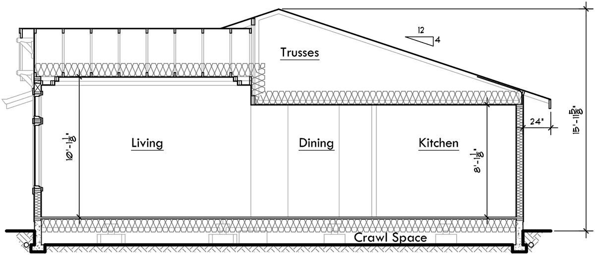 House side elevation view for D-588 One story duplex house plans, ranch duplex house plans, 3 bedroom duplex house plans, D-588