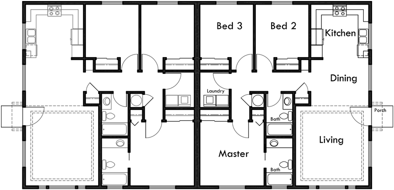 Main Floor Plan 2 for D-588 One story duplex house plans, ranch duplex house plans, 3 bedroom duplex house plans, D-588