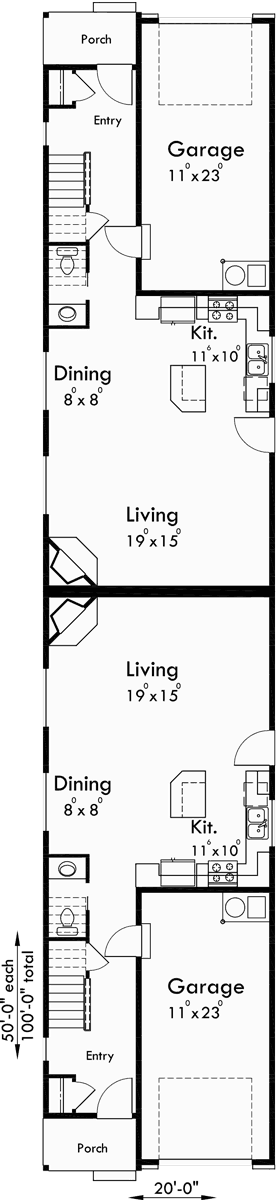 Main Floor Plan 2 for D-589 Duplex house plans, back to back house plans, narrow house plans, D-589