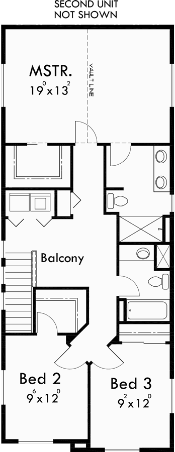 Upper Floor Plan for D-589 Duplex house plans, back to back house plans, narrow house plans, D-589