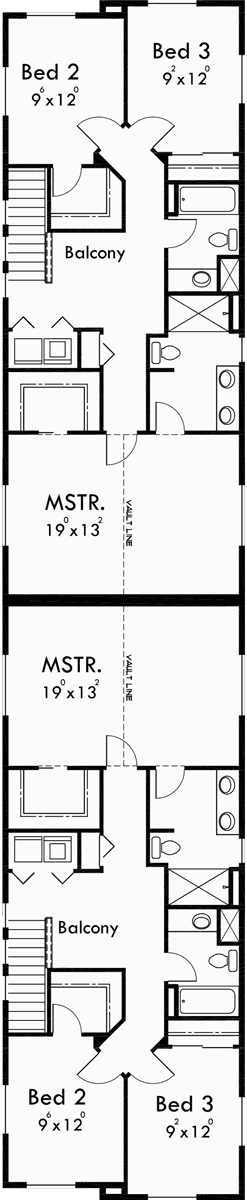 Upper Floor Plan 2 for Duplex house plans, back to back house plans, narrow house plans, D-589