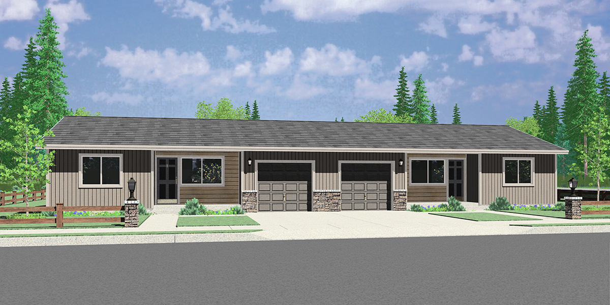 Ranch Duplex  House  Plan  Covered Porch 2  Bedroom  1 Bath  1 