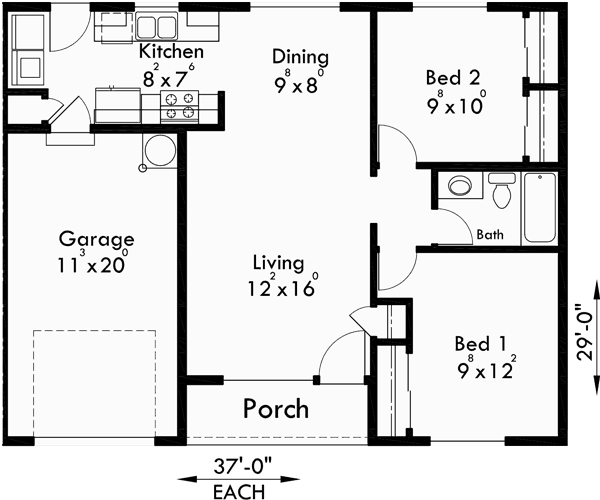 Ranch Duplex House Plan Covered Porch 2 Bedroom 1 Bath 1