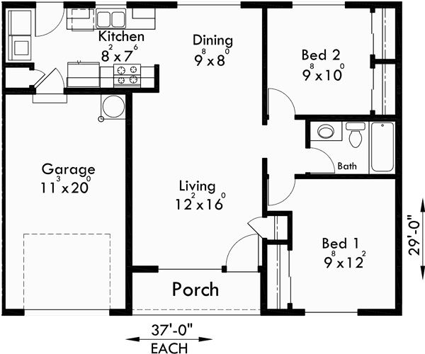 Ranch Duplex House Plan Covered Porch 2 Bedroom 1 Bath 1 