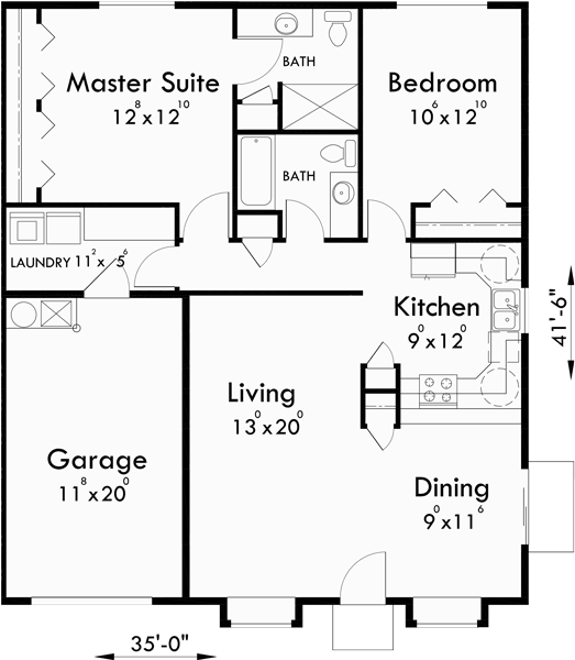 Main Floor Plan for D-583 One story duplex house plans, 2 bedroom duplex plans, duplex plans with garage, D-583b