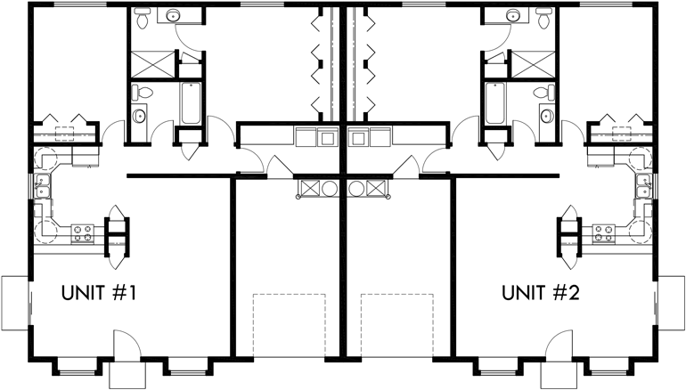 Main Floor Plan 2 for D-583 One story duplex house plans, 2 bedroom duplex plans, duplex plans with garage, D-583b