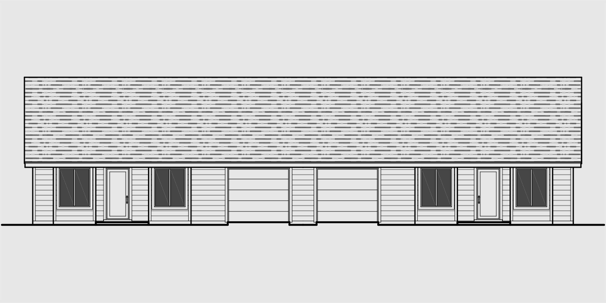 House front color elevation view for D-583 One story duplex house plans, 2 bedroom duplex plans, duplex plans with garage, D-583b