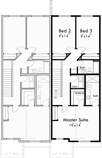 Upper Floor Plan for D-582 Duplex house plans, walk out basement house plans, duplex house plans for sloping lots D-582