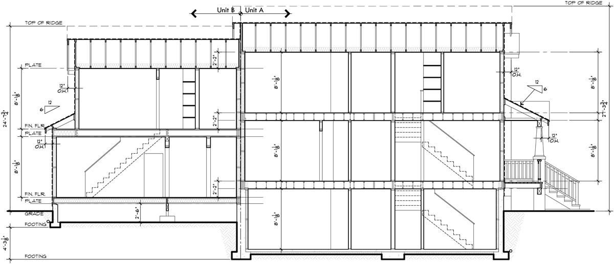 House side elevation view for D-571 duplex house plans, ADU  house plans, back to back house plans, mother in law house plans,  D-571