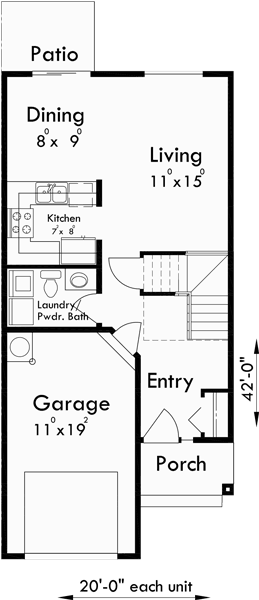 Main Floor Plan for D-576 Mirrored duplex house plans, 2 story duplex house plans, 3 bedroom duplex plans, D-576