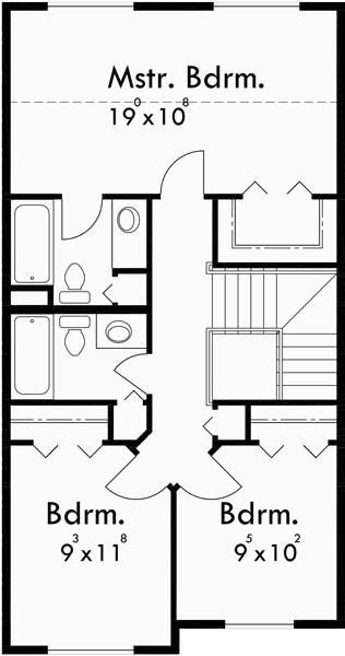 Upper Floor Plan for D-576 Mirrored duplex house plans, 2 story duplex house plans, 3 bedroom duplex plans, D-576