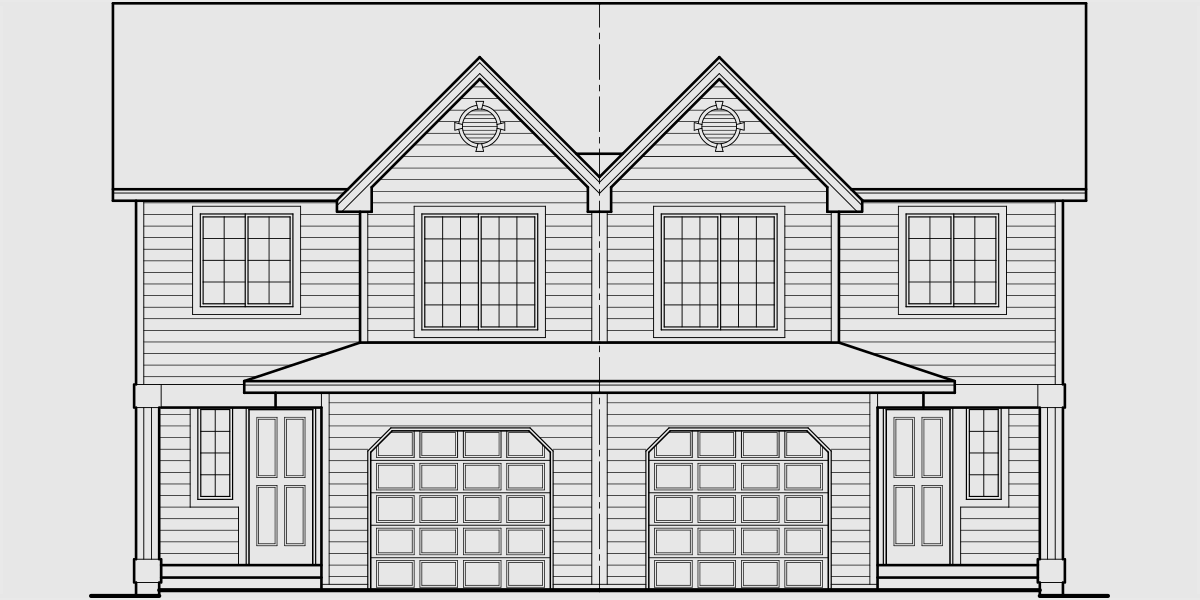 House front color elevation view for D-576 Mirrored duplex house plans, 2 story duplex house plans, 3 bedroom duplex plans, D-576