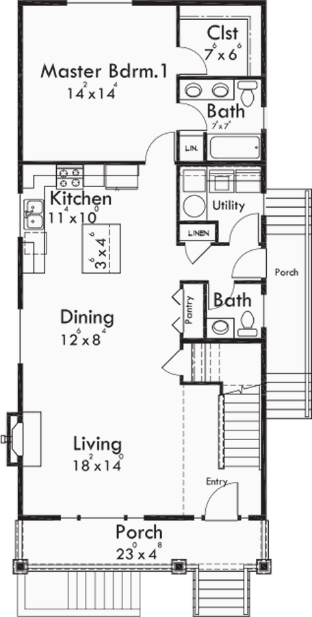 Main Floor Plan for D-593 Multigenerational house plans, master on the main house plans, ADU house plans, mother in law house plans, Portland house plans, two master suites house plans, D-593