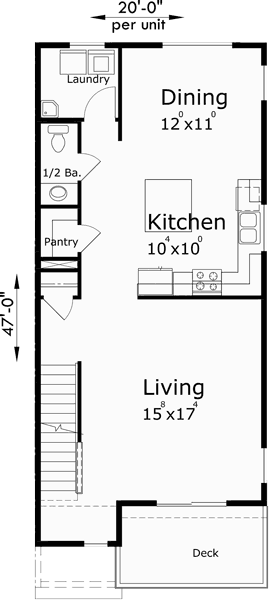 Main Floor Plan for D-585 Townhouse Plans, Row House Plans, 4 Bedroom Duplex House Plans