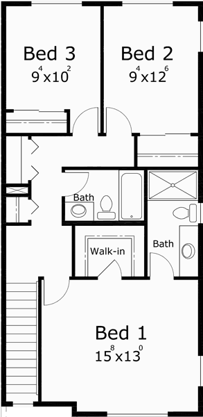 Upper Floor Plan for D-585 Townhouse Plans, Row House Plans, 4 Bedroom Duplex House Plans