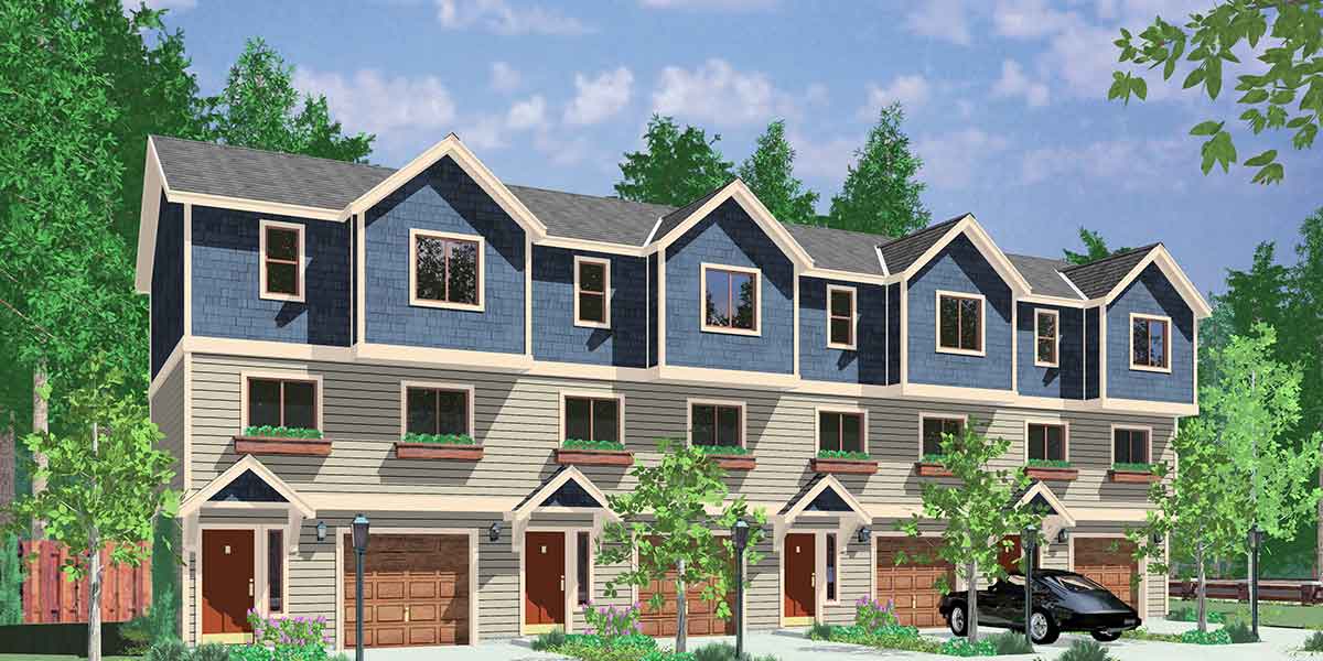 House front color elevation view for F-549 4-plex house plans, double master suite house plans, F-549