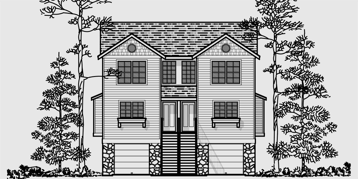 House front drawing elevation view for D-413 Duplex house plans, vacation house plans, D-413