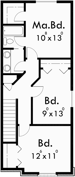 Upper Floor Plan for D-445 Duplex house plans, brownstone house plans, D-445