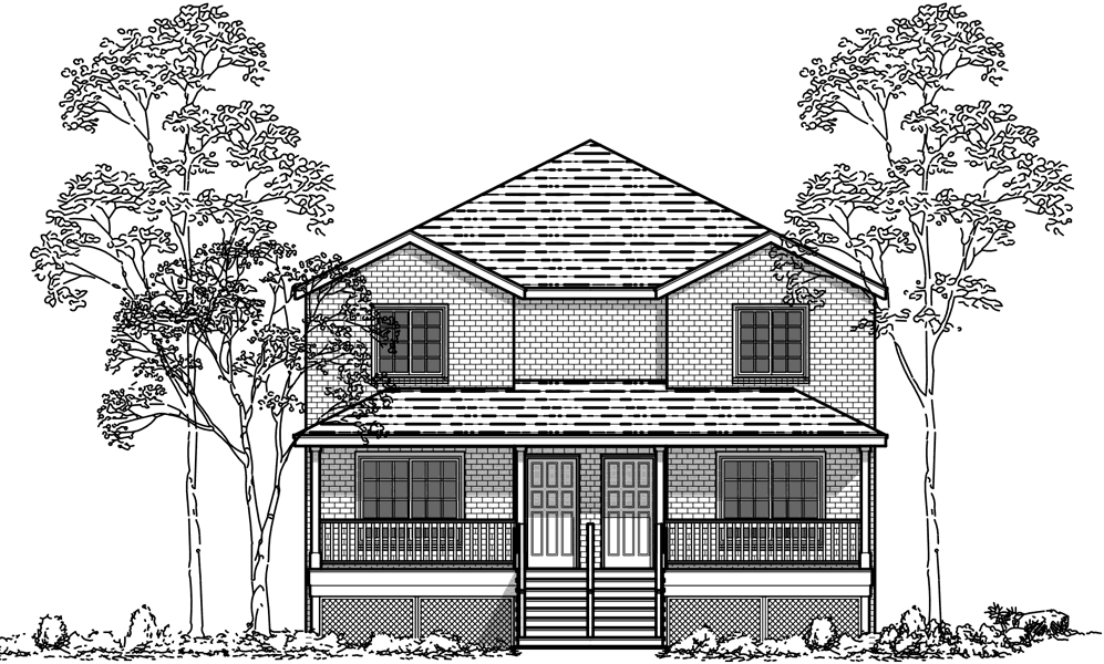 House rear elevation view for D-445 Duplex house plans, brownstone house plans, D-445