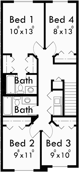 Upper Floor Plan for D-508 4 bedroom duplex house plans, town house plans, D-508