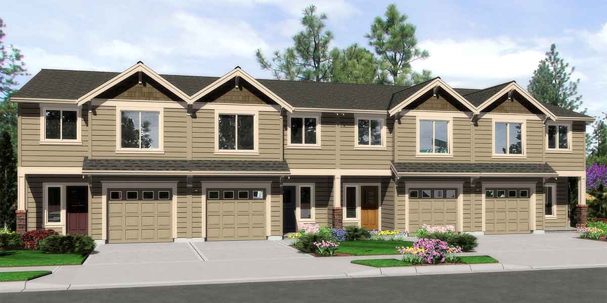 House front color elevation view for F-563 4 plex building plans, 4 bedroom house plans, row house plans, F-563