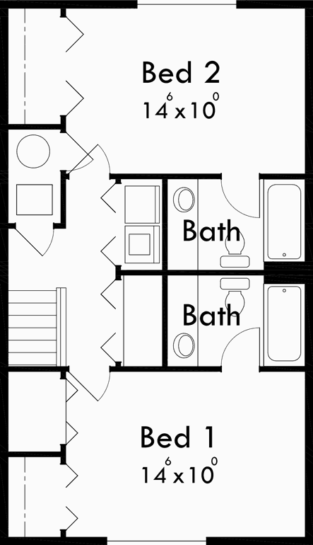 Upper Floor Plan for D-503 Narrow lot duplex house plans, 2 bedroom duplex house plans, affordable duplex floor plans, D-503