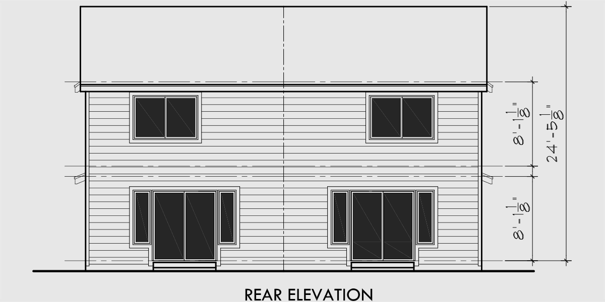 House front drawing elevation view for D-503 Narrow lot duplex house plans, 2 bedroom duplex house plans, affordable duplex floor plans, D-503