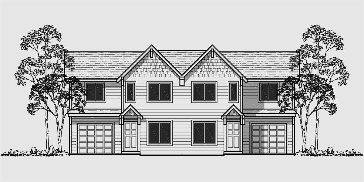 House rear elevation view for D-512 Duplex house plans, duplex house plans with garage, small duplex house plans, two story duplex house plans, D-512