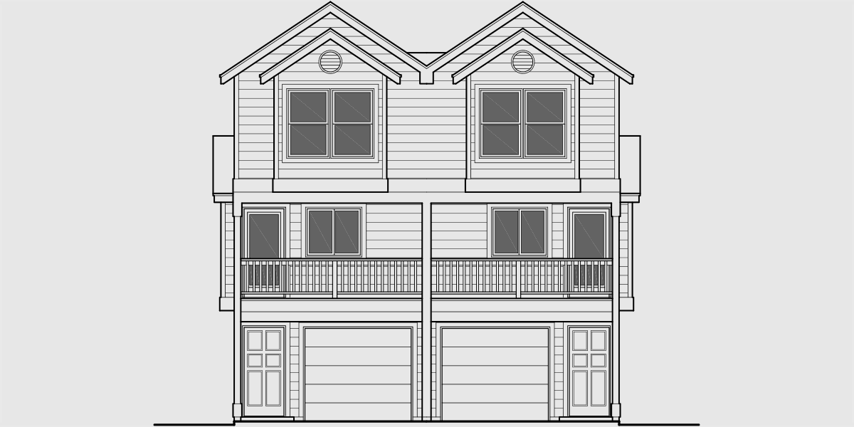 House front drawing elevation view for D-547 Narrow townhouse plans, duplex house plans, 3 story townhouse plans, D-547