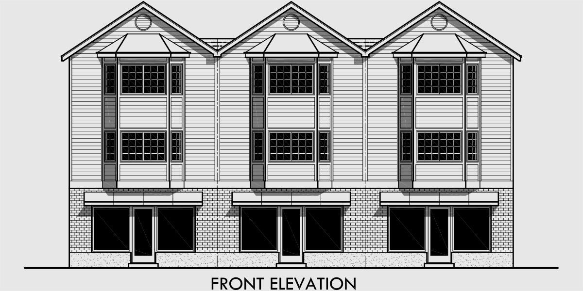 House rear elevation view for D-468 Triplex House Plans, D-468, Mixed Use House Plan, Condo Plans, Retail Office Space