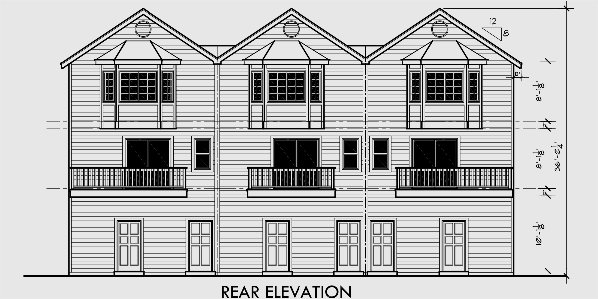 House rear elevation view for D-468 Triplex House Plans, D-468, Mixed Use House Plan, Condo Plans, Retail Office Space