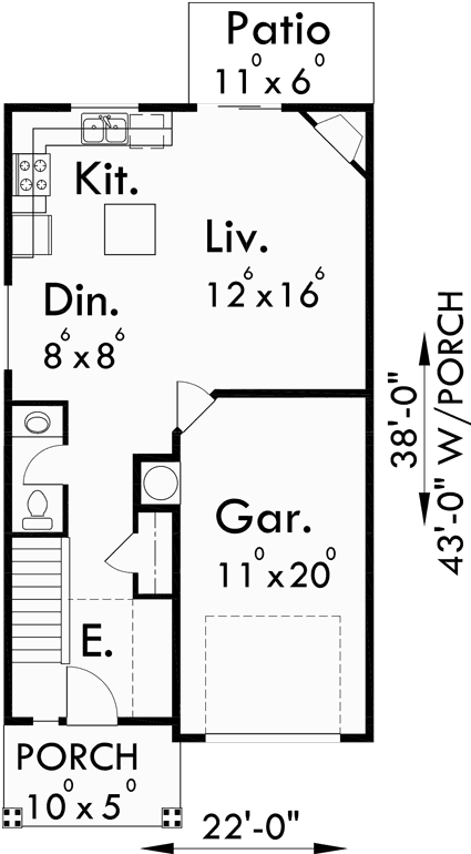 Main Floor Plan for 10157 Narrow Lot House Plan at 22 feet wide
