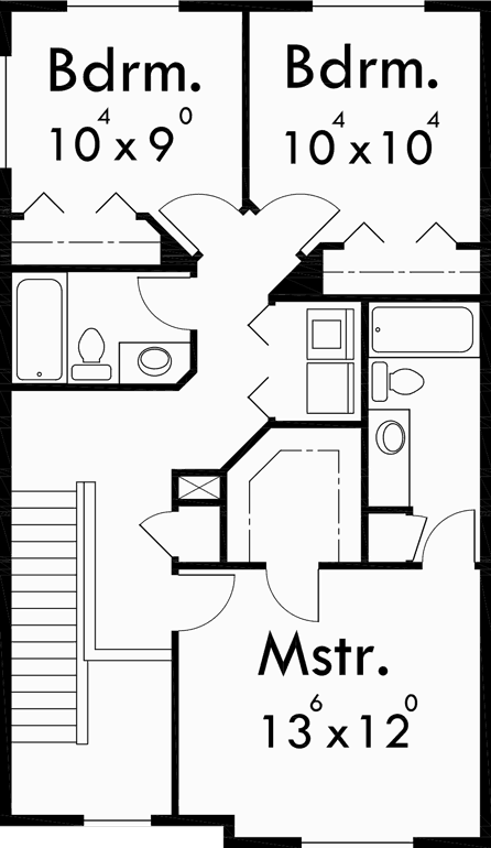 Upper Floor Plan for 10157 Narrow Lot House Plan at 22 feet wide