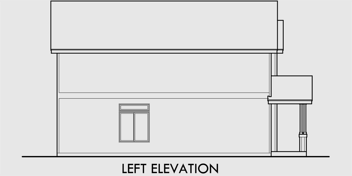 House side elevation view for 10157 Narrow House Plan at 22 feet wide with open Living area 3 bedroom 2.5 baths 1 car garage gable roofs