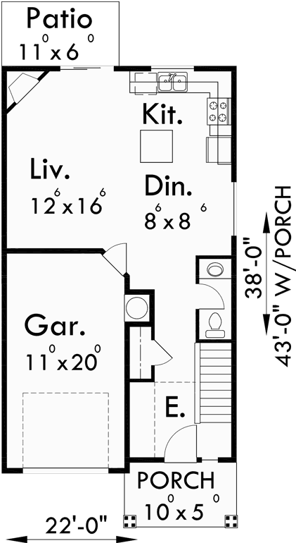 Main Floor Plan for 10158 Narrow House Plan at 22 feet wide