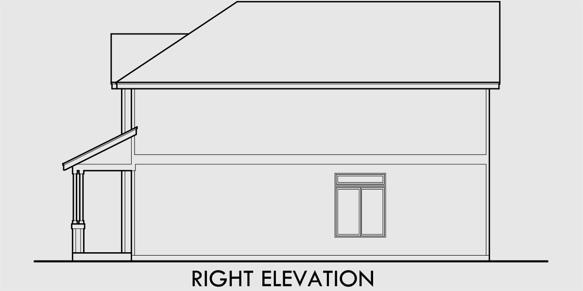 House rear elevation view for 10158 Narrow House Plan at 22 feet wide with open Living area 3 bedroom 2.5 baths 1 car garage hip and gable roofs