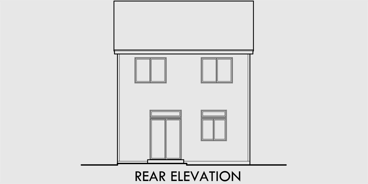 House side elevation view for 10159 Narrow Lot House Plan at 22 feet wide with open Living area 3 bedroom 2.5 baths 1 car garage gable roofs