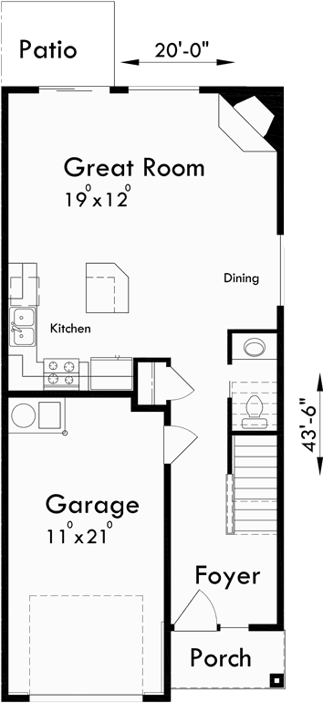 Main Floor Plan for F-547 Fourplex plans, 20 ft wide house plans, row home plans, 4 plex plans with garage, F-547