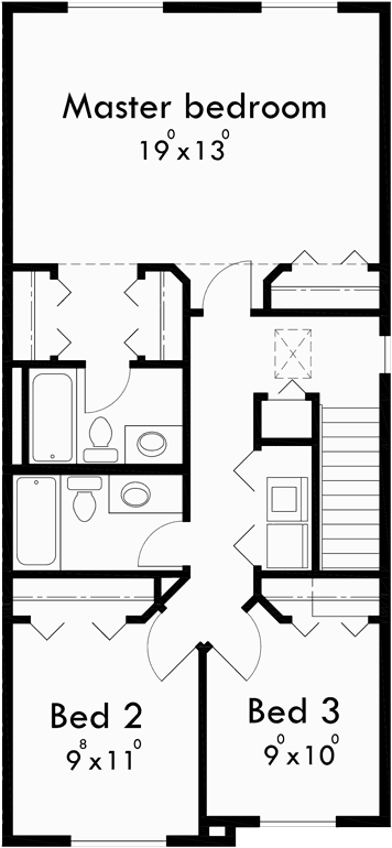 Upper Floor Plan for F-547 Fourplex plans, 20 ft wide house plans, row home plans, 4 plex plans with garage, F-547