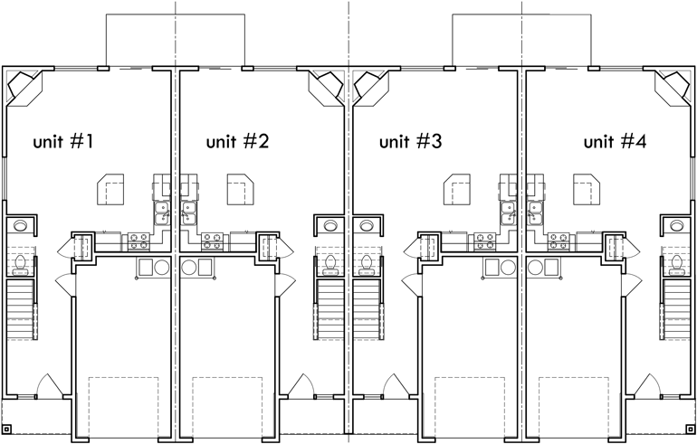 Main Floor Plan 2 for F-547 Fourplex plans, 20 ft wide house plans, row home plans, 4 plex plans with garage, F-547