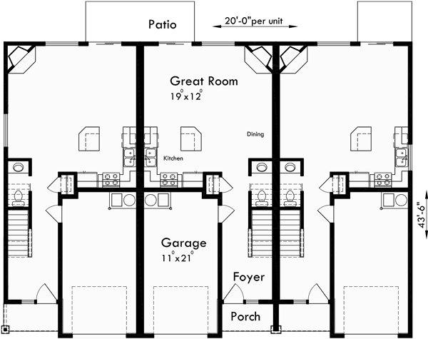 Main Floor Plan for T-400 Triplex  house plans, triplex plans with garage, 20 ft wide house plans, T-400